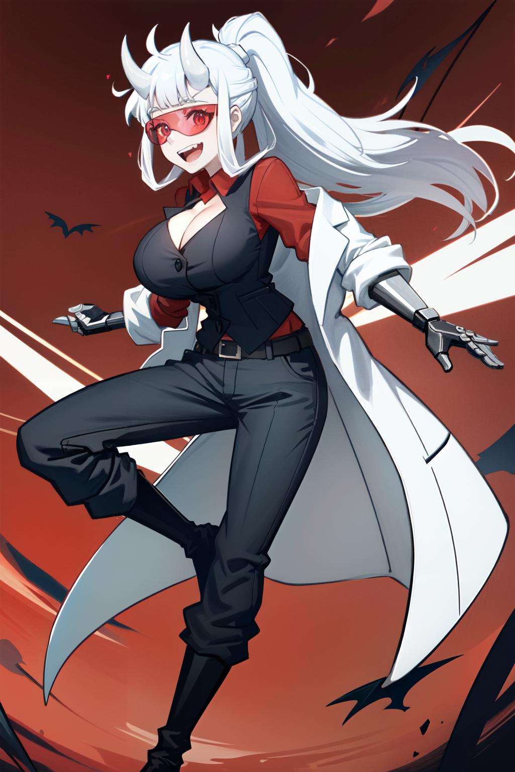 <lora:loremaster-10:1>loremaster(helltaker), huge breasts, black footwear, black pants, vest, mechanical arms, white hair, long hair, red-tinted eyewear, red shirt, bursting breasts, white horns, demon girl, belt, smile, teeth, coat, white labcoat, cleavage, open mouth, pants, shirt, 1girl, solo, ponytail, boots