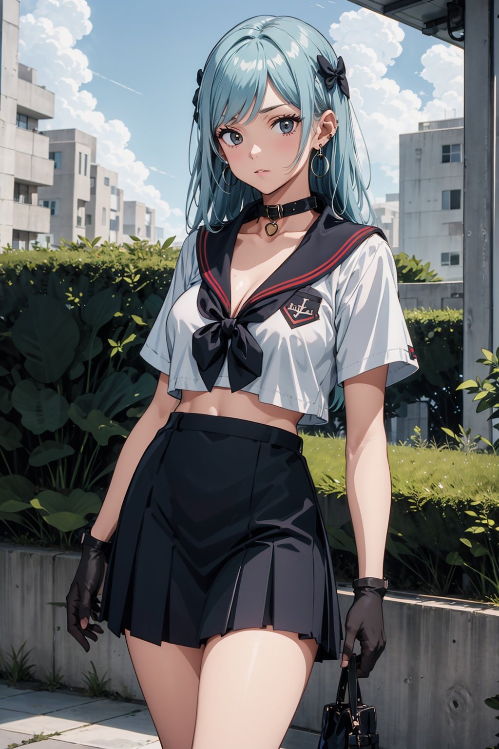 1girl, best quality, blue hair,  skinny body, slim body, medium breast, gray eyes masterpiece,black sailor uniform, cleavage, ,outdoors,looking at the viewer,  collar, bow, boots, choker, black gloves, blue choker,jewelry, earrings, black skirt 1990s