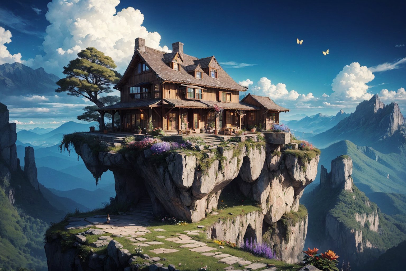a villa on a high mountain cliff,shell element,crazy curve,((the verdant mountains)),((fresh flower)),butterfly fluttering,blue sky,white cloud,the sun is shining brightly
