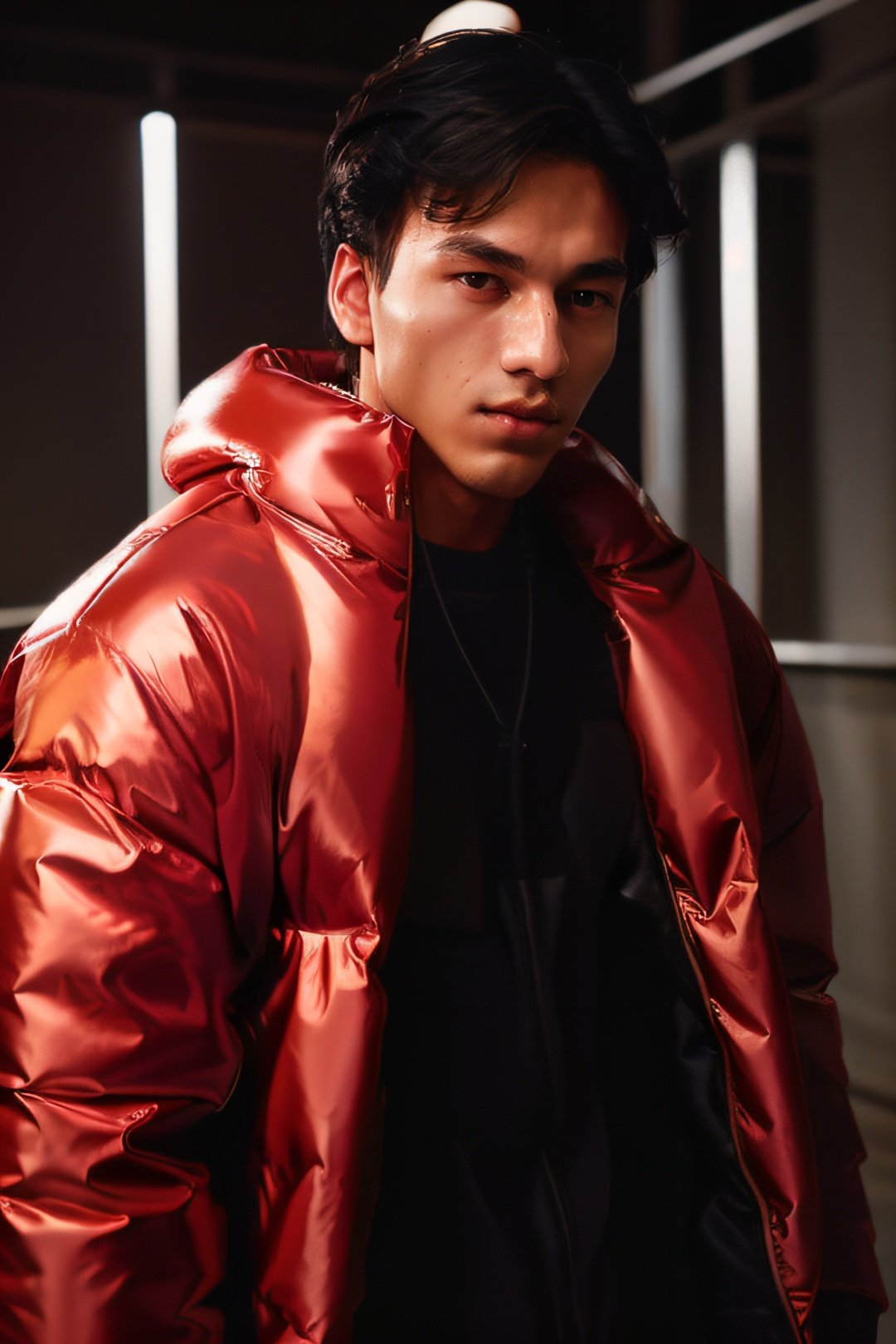 well lit fashion shoot portrait of handsome man wearing a metallic red inflatable oversized bubble puffer jacket designed by yeezy and balenciaga, sharp focus, clear, intricate, cinematic, glamourous, symmetrical, soft lighting, indirect lighting, vogue, editorial, fashion, magazine shoot, <lora:jefri-03:1>