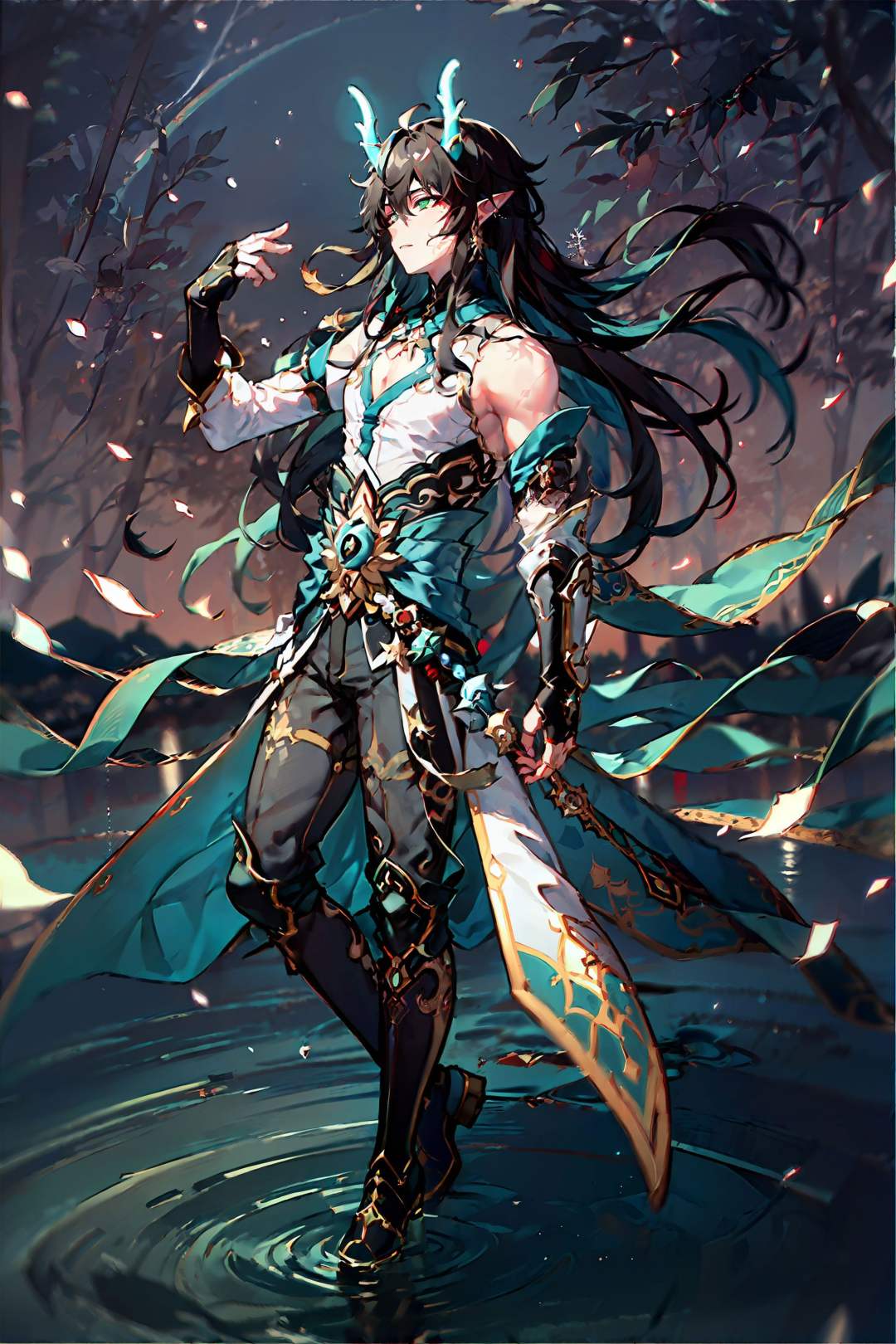 <lora:bengtie_yinyuejun_v1.0:1>,yinyuejun\(character\),dragon1\(features\),blurred background,woods,backlight,river,spray,one hand up,floating on the surface of the water,vast starry sky,woods,