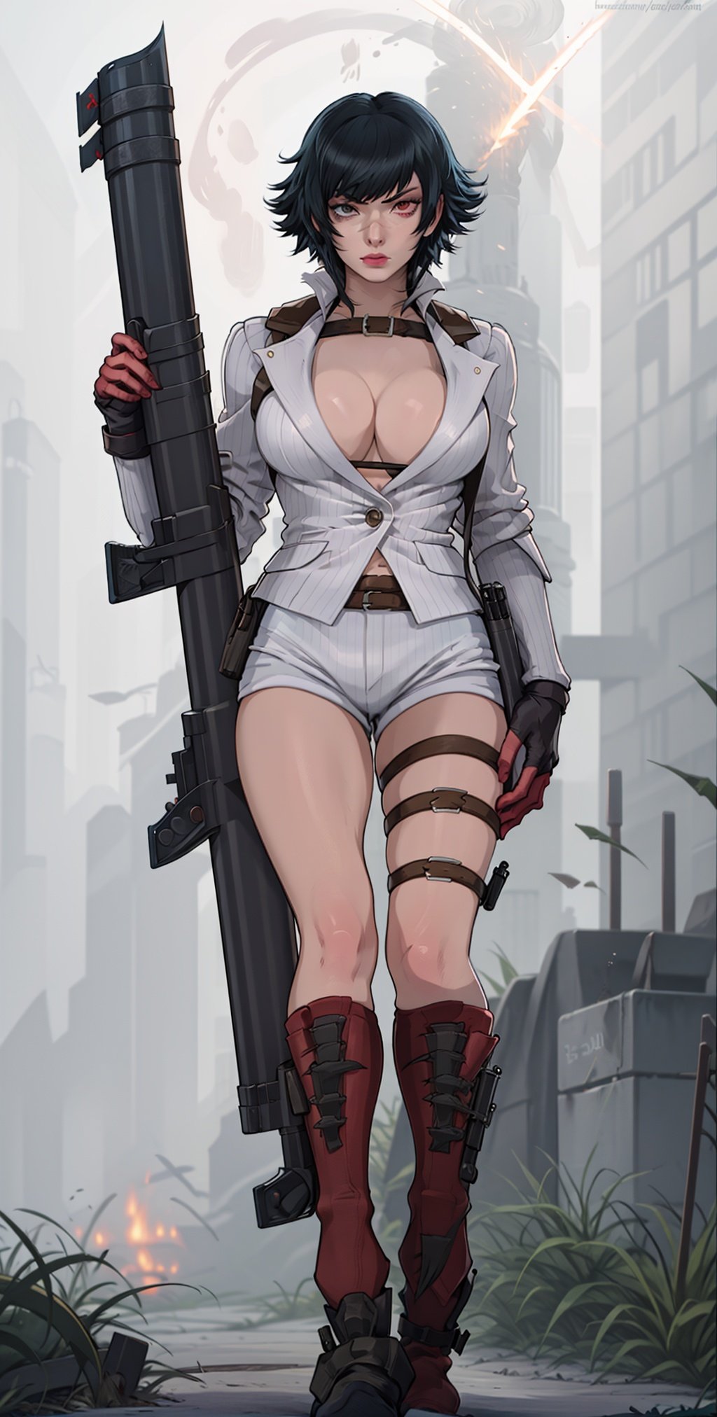 (masterpiece, best quality:1.2), lady, dmc, dmc4, white striped suit, 1girl, solo, heterochromia, red eyes, blue eyes, black hair, tinted eyewear, striped, shorts, thighs, weapon, red gloves, huge weapon, cleavage, large breasts, rocket launcher, scar, gun, ,lady, <lora:EMS-4782-EMS:0.8>, <lora:EMS-14001-EMS:0.8>