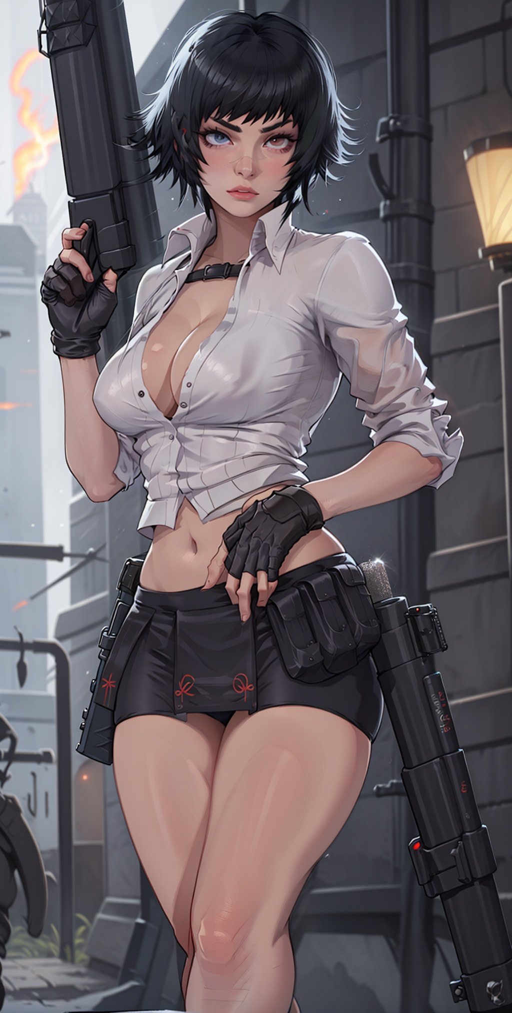 (masterpiece, best quality:1.2), cowboy shot, lady, dmc, young lady, dmc3, 1girl, solo, heterochromia, red eyes, blue eyes, black hair, short hair, white collared shirt, plaid miniskirt, thighs, weapon, gloves, huge weapon, cleavage, large breasts, midriff, rocket launcher, scar, gun, ,lady, <lora:EMS-4782-EMS:0.8>, <lora:EMS-14001-EMS:0.8>