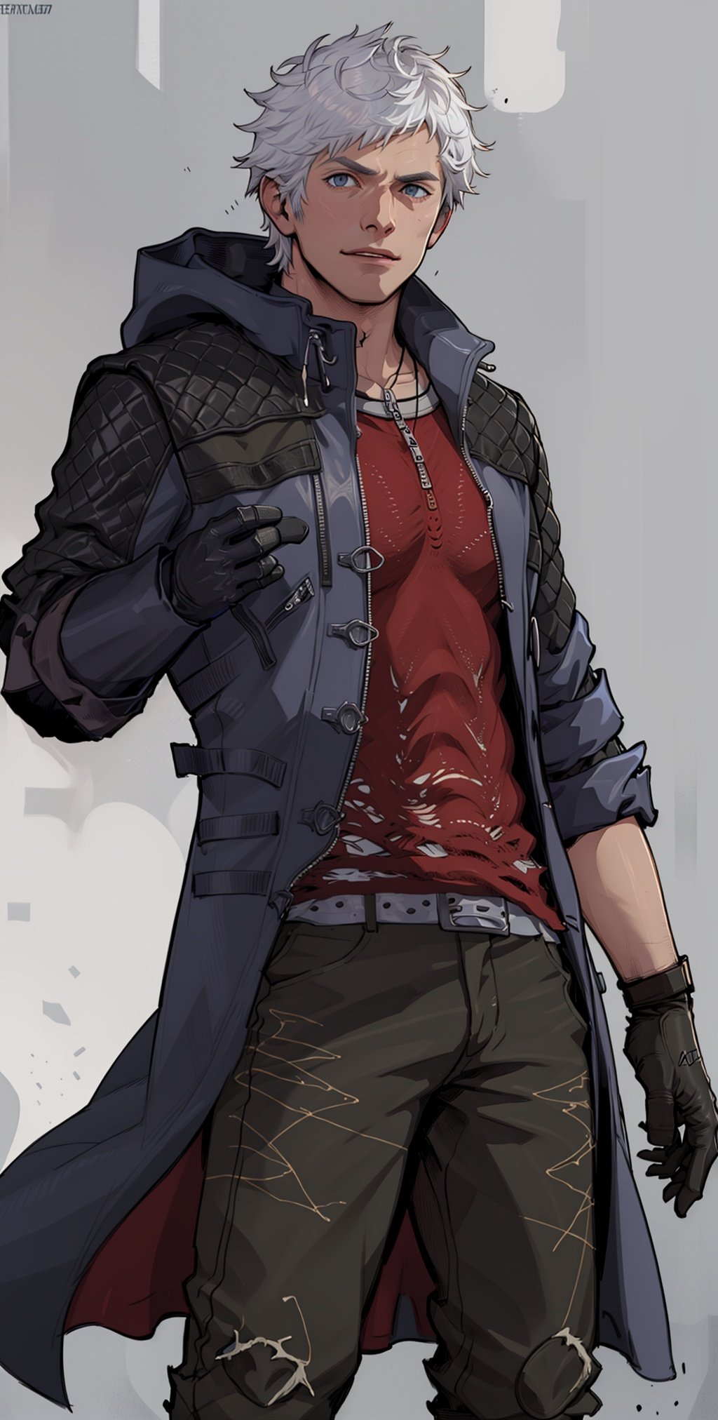 (masterpiece, best quality:1.2), , cowboy shot, solo, male focus, 1boy, nero \(dmc5\), smile, closed mouth, looking at viewer, coat, hood, pants, (gloves:1.1)nero, <lora:EMS-14003-EMS:0.8>, <lora:EMS-4782-EMS:0.8>