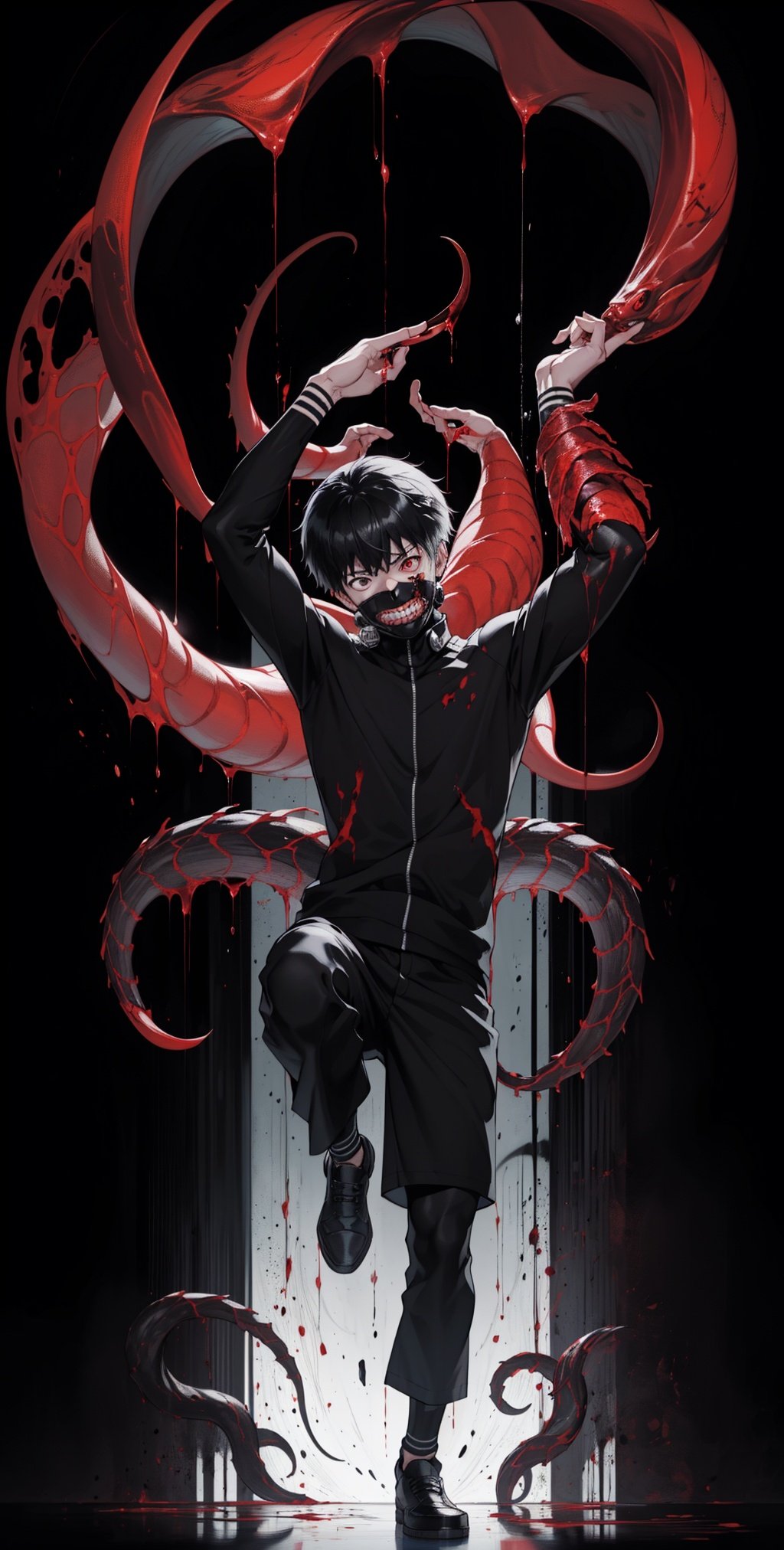 8k, anime, portrait, best quality, ultra high res, ultra detailed, black and high constrast color tone, extremely detailed lighting, cinematic lighting, soft lights, (masterpiece, high quality:1.4), (kaneki ken, black hair,, red and black eye, mask | teeth, blood eyes, black clothes, scorpio tentacles),  ,  , blood, ((full body)), (dynamic pose), black background, thrilling, (fierce face) ,kaneki ken,, <lora:EMS-14006-EMS:0.8>