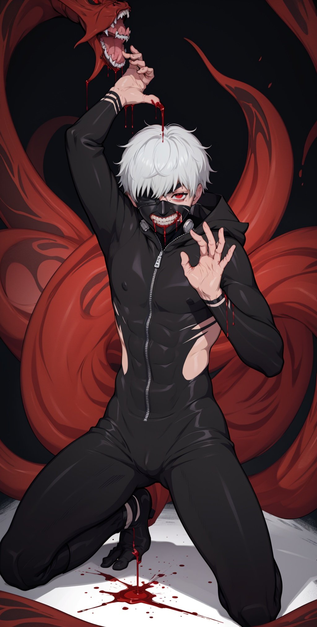 8k, anime, portrait, best quality, ultra high res, ultra detailed, black and red, high contrast color tone, extremely detailed lighting, cinematic lighting, soft lights, (masterpiece, high quality:1.4), (kaneki ken, black hair, white hair, red and black eye, mask | teeth, blood eyes, black clothes, scorpio tentacles),  ,  , blood, ((full body)), (dynamic pose), black background, thrilling, (fierce face),kaneki ken, <lora:EMS-4782-EMS:0.8>, <lora:EMS-14006-EMS:0.8>