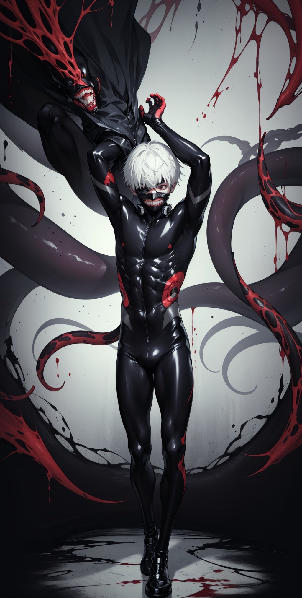 8k, anime, portrait, best quality, ultra high res, ultra detailed, black and red, high contrast color tone, extremely detailed lighting, cinematic lighting, soft lights, (masterpiece, high quality:1.4), (young kaneki ken, black hair, white hair, red and black eye, (mask | teeth), blood eyes, (black latex bodysuit:1.25), (red scorpio tentacles:1.15)), 1boy, male, male focus, blood, (dynamic pose), dark fantasy background, thrilling, (fierce face), (full body:1.25) ,kaneki ken, <lora:EMS-14006-EMS:0.8>