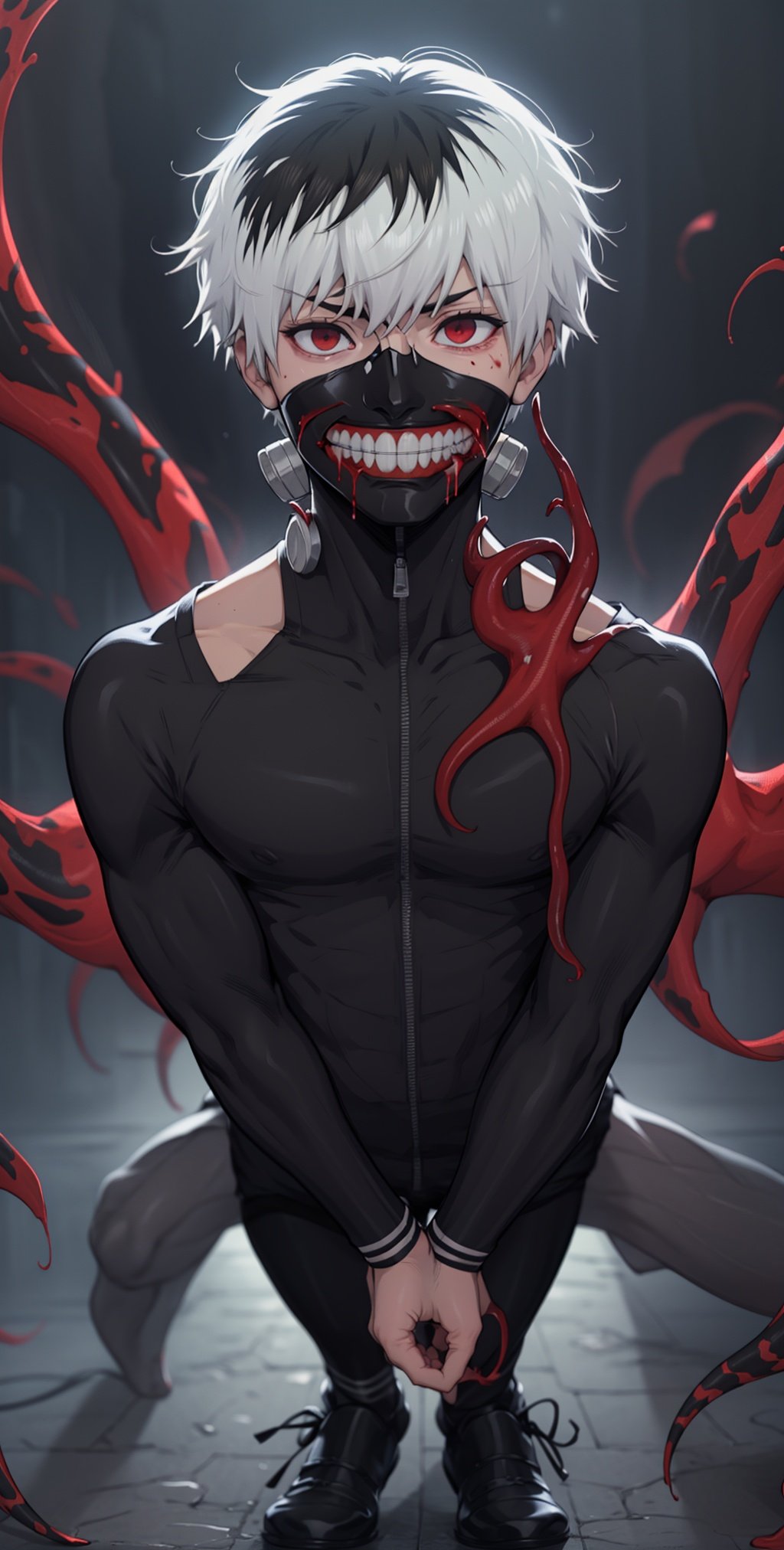 8k, anime, portrait, best quality, ultra high res, ultra detailed, black and high constrast color tone, extremely detailed lighting, cinematic lighting, soft lights, (masterpiece, high quality:1.4), (kaneki ken, black hair,, red and black eye, mask | teeth, blood eyes, black clothes, scorpio tentacles),  ,  , blood, ((full body)), (dynamic pose), black background, thrilling, (fierce face) ,kaneki ken,, <lora:EMS-4782-EMS:0.8>, <lora:EMS-14006-EMS:0.8>