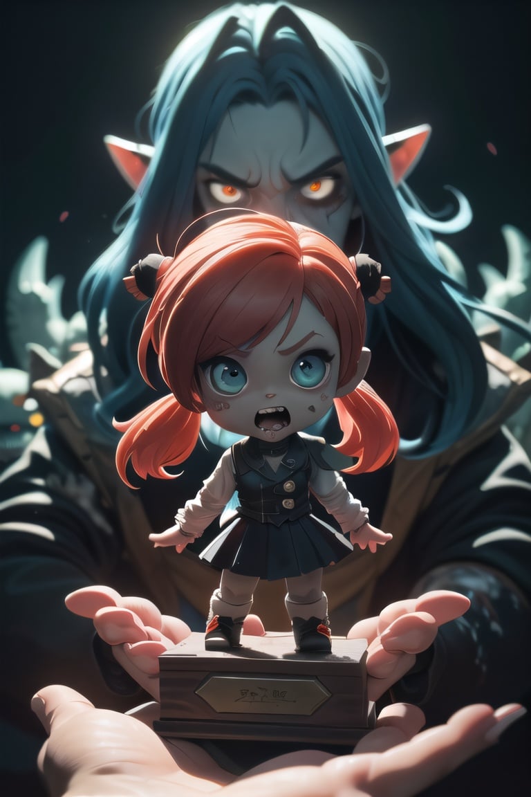 (award winning 8k official art:1.3) of (mad giant zombie (chibi:1.1) gtsgiga, open mouth, monstrous, breaking:1.3), angry, kawaiitech, kawaii, cute colors, ferocious, good fingers, night, extremely detailed background, sweet, front, epic, (masterpiece:1.4), (best quality:1.4), Amazing, beautiful, finely detailed, (Depth of field:1.4), extremely detailed 8k, stunning, (light reflections:0.5), (crisp:1.5), red twin tails, vibrant, (edge detection:1.2), absurdres, impressive, 120mm, clear, powerful