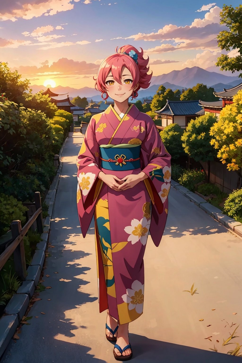 Best quality, masterpiece, official_art, a woman, kimono, ponk hair, asian, yellow eyes, pathway, scenery, anime sunset, intricate details, blush smile.