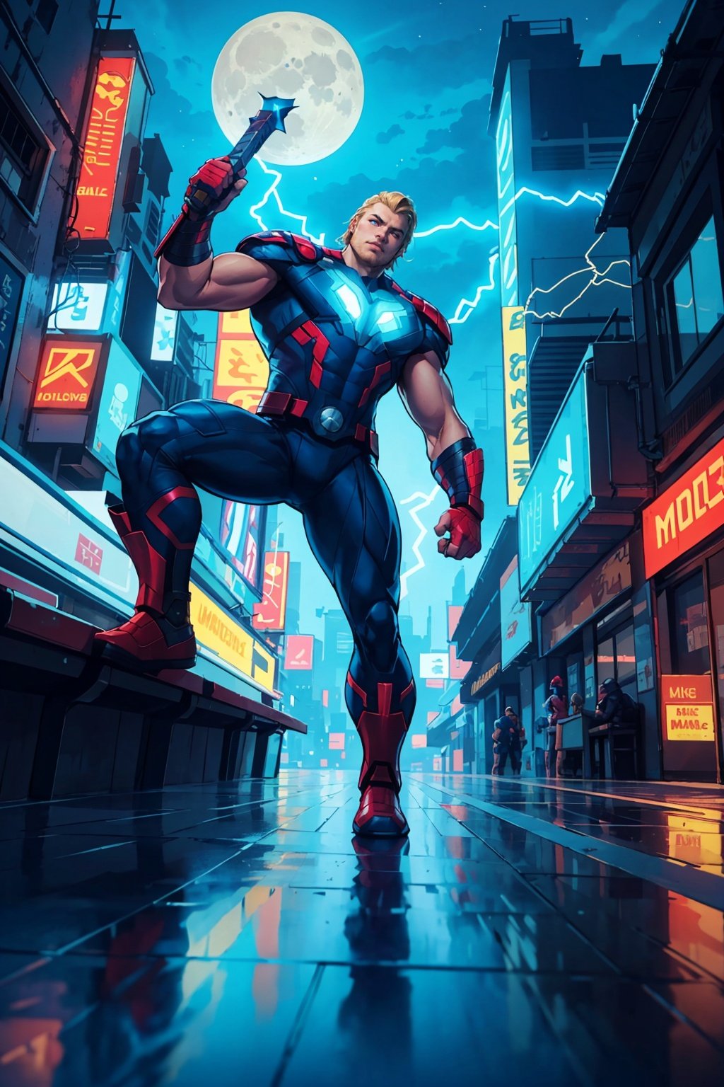 best qulity, masterpiece, illustration, in the style o marvel comics, 1 man, thor costume, dynamic pose,  holding mjolnir, lightning magic, night sky, neon city, cyberpunk style, neon lights, rays of light, moon, from below, reflective floor.