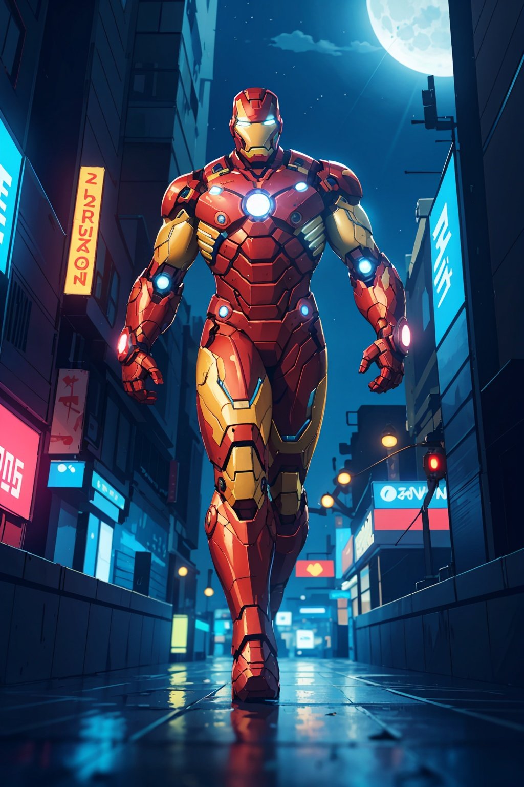 best qulity, masterpiece, illustration, 1 man, ironman  costume, dynamic pose, night sky, neon city, cyberpunk style, neon lights, rays of light, moon, from below, reflective floor.