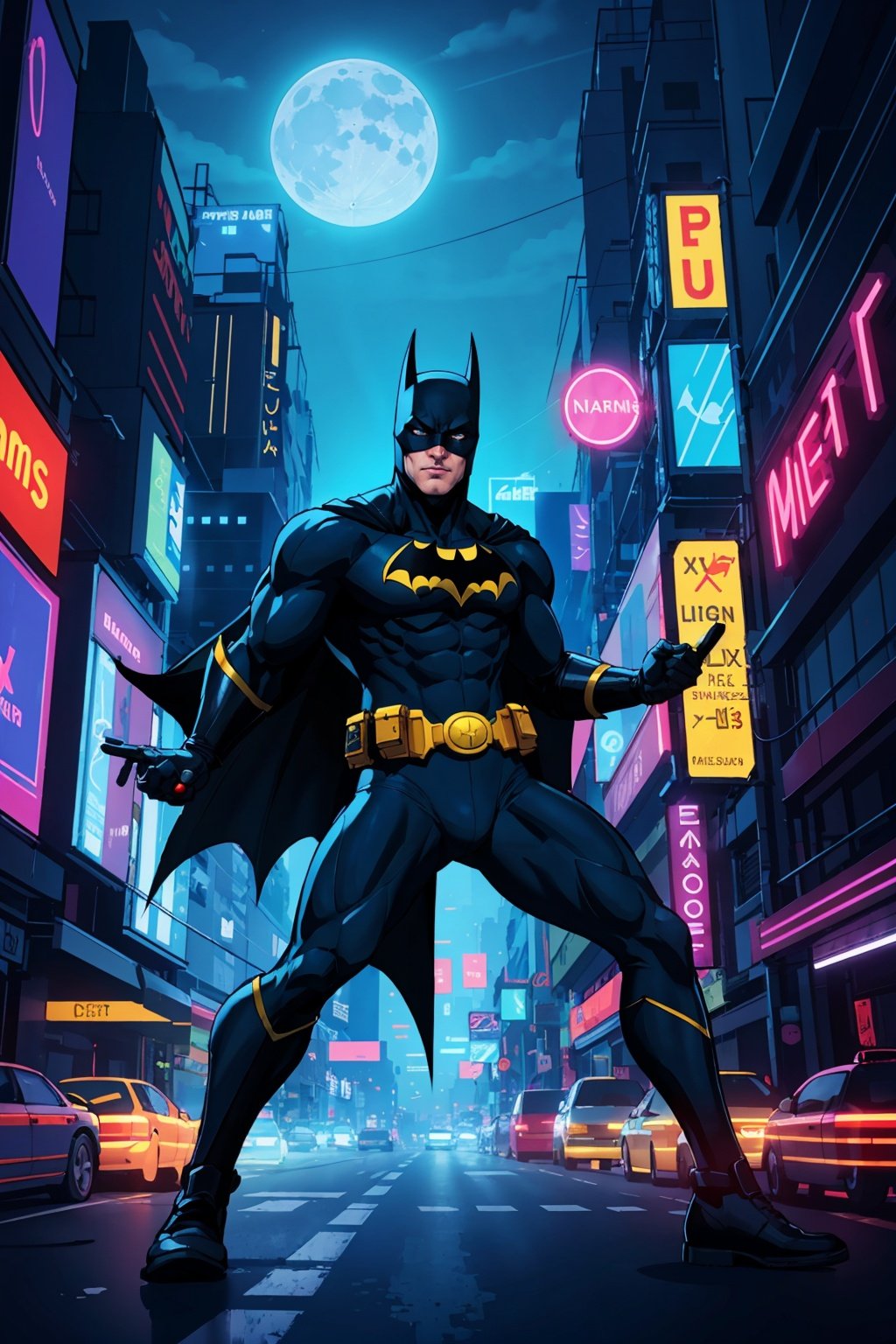 (artwork:1.2),(lineart:1.33) 1 man, batman costume, ltex, dynamic pose, nighsy, neon citym cyberpunk style, neon lights, rays of lightm, moon, rom below.