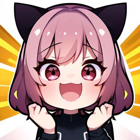 master, chief 1girl, pink hair,cat ears, twitch emote, cartoon, chibi,  <lora:TwitchEmotes:0.8>, white background, sticker, (hype:1.5), happy, holding hype sign, hands up