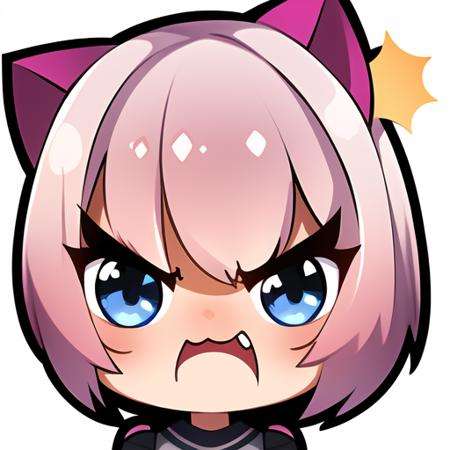 master, chief 1girl, pink hair,cat ears, twitch emote, cartoon, chibi,  <lora:TwitchEmotes:0.8>, white background, sticker, (angry:1.2)