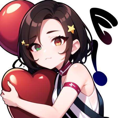 master, chief (twitch emote:1.4), holding red heart balloon, hugging heart balloon,  brown short hair, one braid, white blouse, denim suspenders , left eye green, right eye yellow, open shoulders, star hairpin, <lora:TwitchEmotes:0.8>, white background, sticker