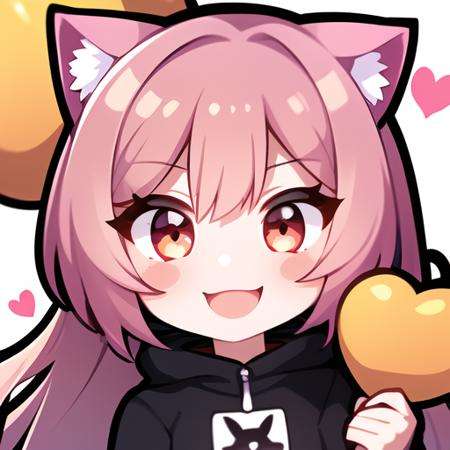master, chief 1girl, pink hair,cat ears, twitch emote, smile ,cartoon, chibi,  <lora:TwitchEmotes:0.8>, white background, sticker, holding a red heart balloon