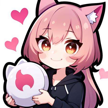 master, chief 1girl, pink hair,cat ears, twitch emote, smile ,cartoon, chibi,  <lora:TwitchEmotes:0.8>, white background, sticker, holding a (red) heart balloon,