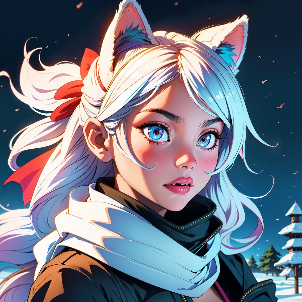 Style-NebMagic, portrait of Ismail Inceoglu, Gazelli, James jean, Anton Fadeev and Yoshitaka Amano, a fluffy cute Arctic fox wearing a Style-SylvaMagic scarf in the snow, very detailed, 8k resolution, digital art, trending on artstation, Vibrant Colours, Chibi style, masterpiece, adorable friendly lovely