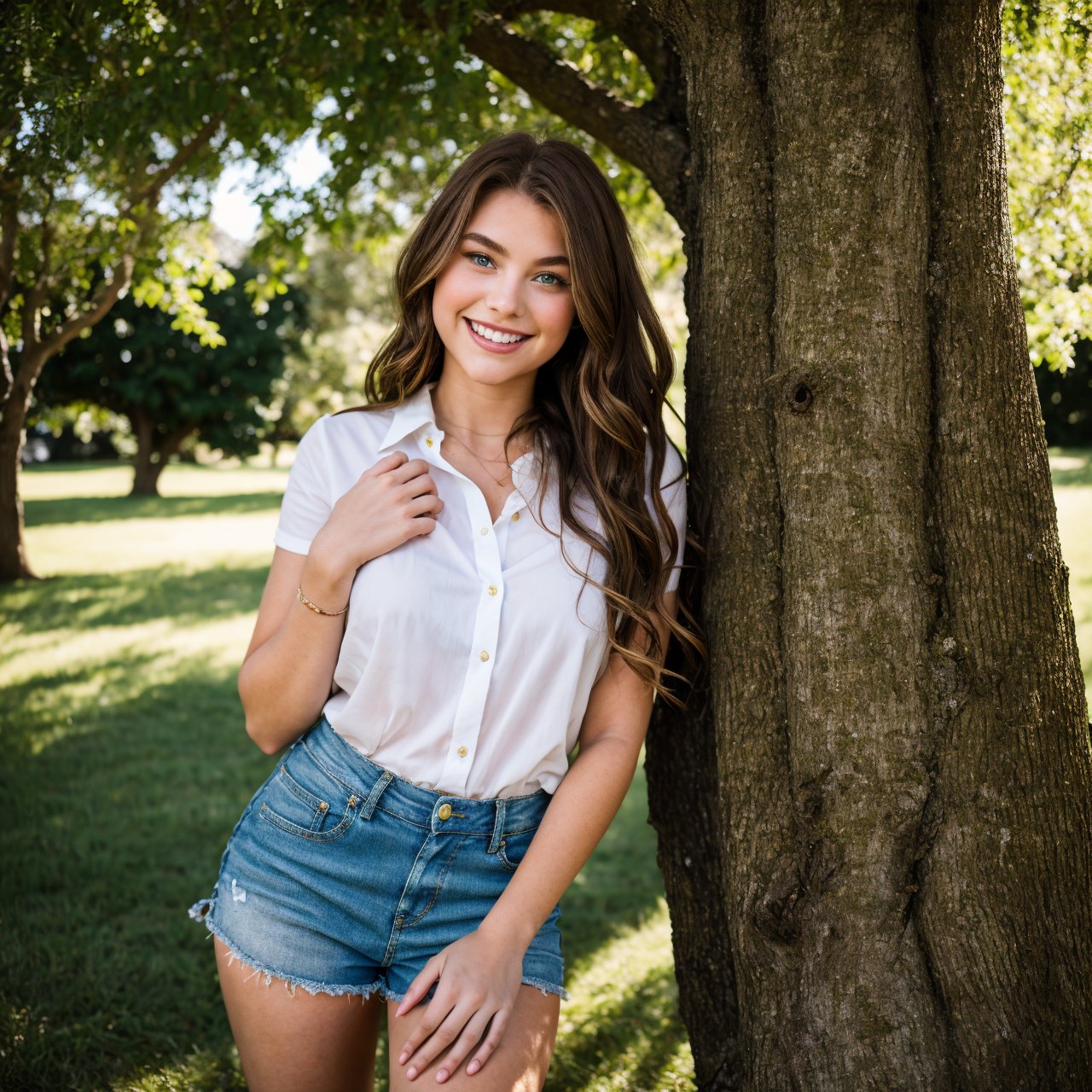 masterpiece, best quality, ultra-detailed), portrait of an 18-year-old woman with light brown hair, curled green eyes, beige blouse and blue jeans smiling blue shorts sung from under a tree (leaning against the tree) and reading a brown book -auto utra realistic -