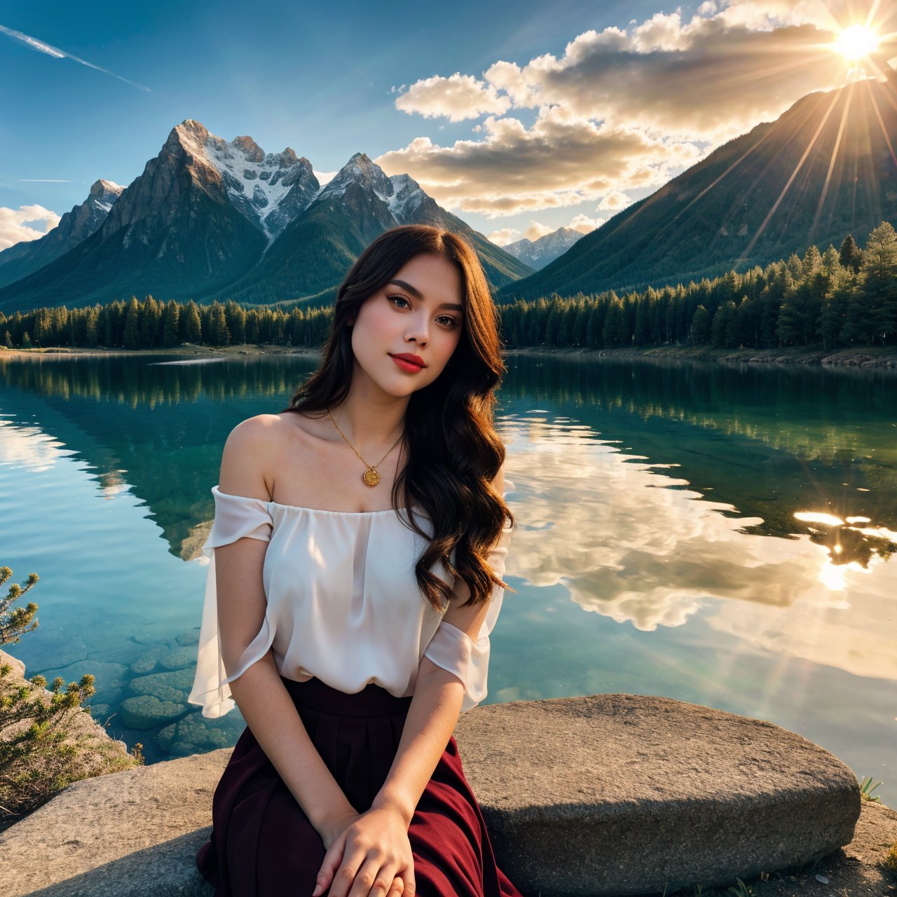 1 girl, happy expression, charming eyes, straight long hair, flowing skirt, big, looking at the sun, calm posture, porcelain-like skin, subtle blush, crystal pendant BREAK Golden Hour, (edge lighting): 1.2, cool colors, sun flare, soft shadows, bright colors, painting effects, fantastic atmosphere BREAK Scenic lakes, distant mountains, pine trees, mountain tops, reflections, sunlit clouds, tranquil atmosphere, idyllic sunrise, Ultra detailed, official art, unified 8k wallpapers, zentangle, mandala