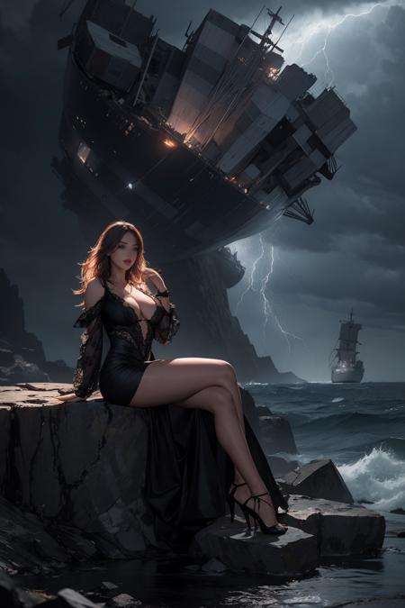 (a beautiful woman) singing, sitting on jagged rocks in the stormy ocean. (a ship) crashes violently into the rocks. cinematic lighting, volumetric light. stormclouds. dark sky. detailed face, intricate eyes.