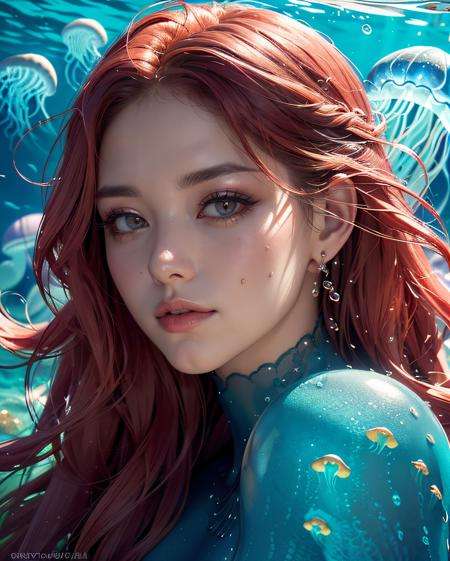 (Best quality)), ((masterpiece)), ((realistic)), (hyperrealism:1.2), (fractal art:1.2), (1girl), (perfect face:1.3), ((red long hair)), extreme detailed eyes, colorful, highest detailed, (mermaid), (detailed fish), (glowing jellyfish, shining jellyfish:1.2), (bubbles:1.2), seaweed, (under the sea), water streaks, vibrant colors, high contrast,<lora:add_detail:1>, (8K UHD:1.2), (photorealistic:1.2),