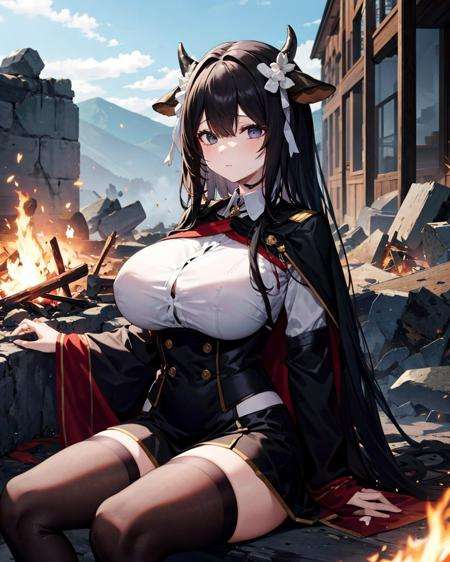 <lora:KashinoV2:0.9>,kashino,black hair,huge breasts, 1girl,solo,long hair,empty eyes,expressionless,  cow horns, outdoors, sitting,cloak,cape,masterpiece,bonfire,ruins,military uniform, buttons, school uniform, 