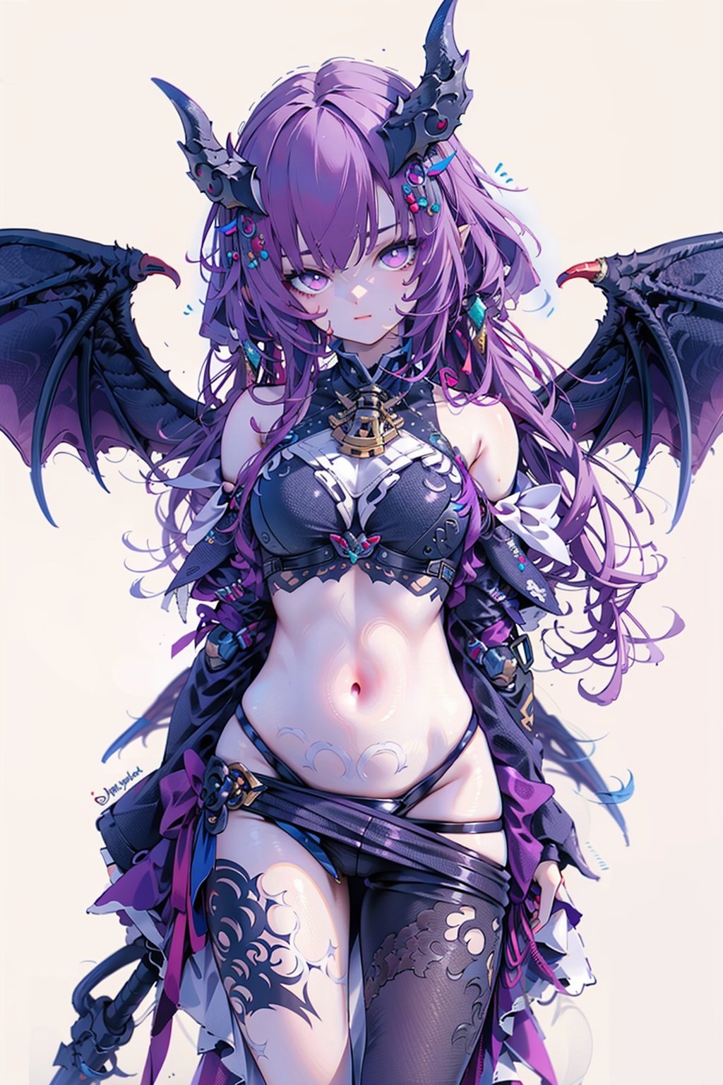 (8k, best quality, masterpiece), ultra-detailed, (high detailed skin),Masterpiece-level best_quality, 
Bikini,latex,(Bikini:1.4),bra,thong, underwear,mecha armors,bikini armor,

fuxuan, dress, hair ornament, long hair, purple eyes, pink hair, bangs, pantyhose, detached sleeves, hair stick,

1girl,solo,The whole body,mecha_musume,mecha wings,horns,grey background,demon girl,demon horns,demon wings, cinematic lighting,strong contrast,high level of detail,Best quality,masterpiece,White background,position,stocking,bj_Devil angel,standing,机甲,科技感,yinlang,fuxuan