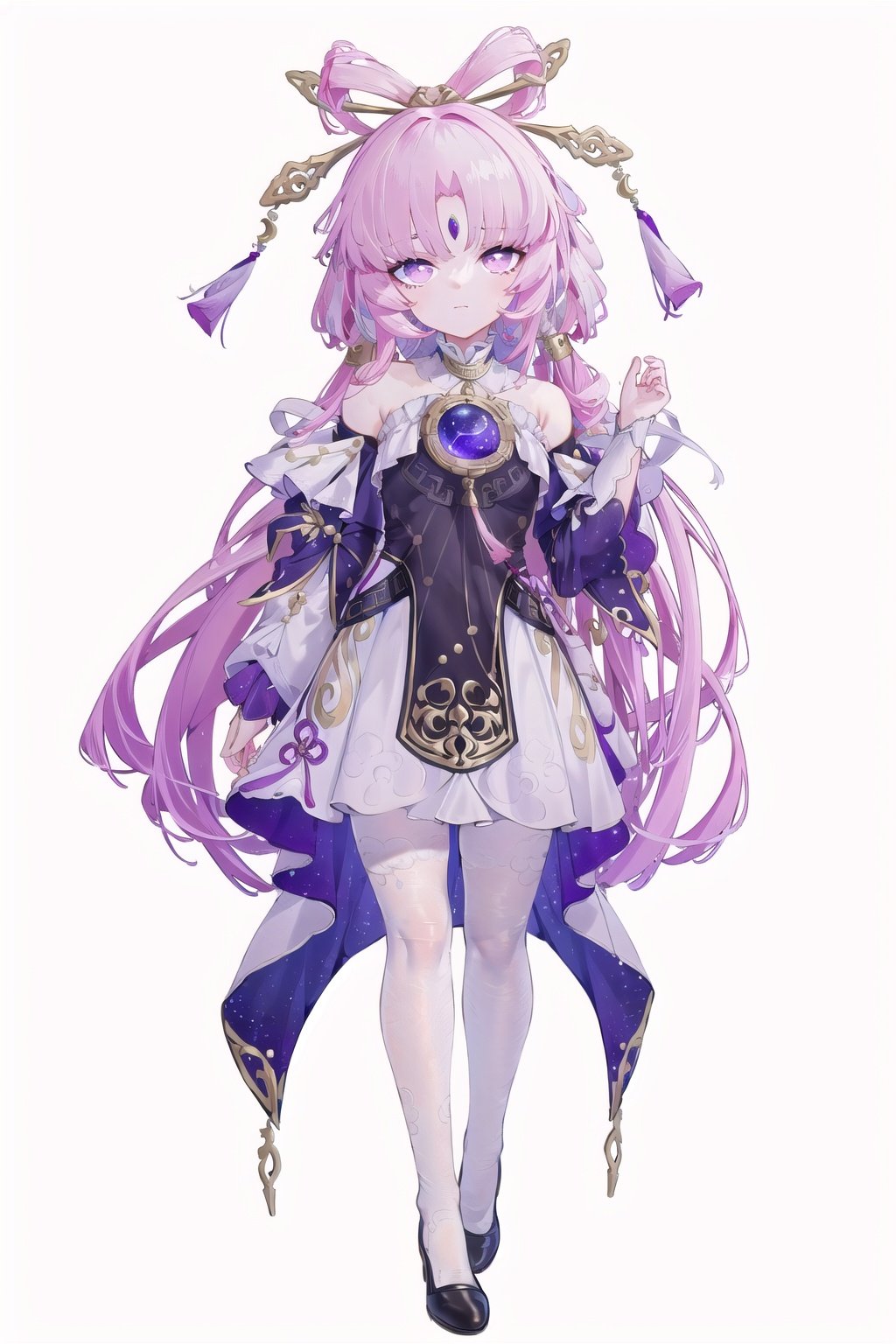 (8k, RAW photo, best quality, masterpiece:1.2),full_body , fuxuan, dress, hair ornament, long hair, purple eyes, pink hair, bangs, pantyhose, detached sleeves, hair stick, (white background, simple background:1.3), (beautiful_face), ((intricate_detail)), ((finely_detailed)), fine_fabric_emphasis, ((glossy)), 