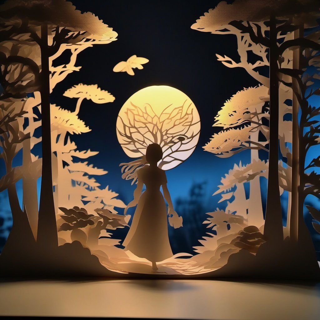 pop-up delicate paper carving artwork with soft backlight illumination,light in background,  anime, cartoon, kawaii, amazing visual effect, soft color blending,closeup,silhouette,((masterpiece)), (((best quality))), ((ultra-detailed)), ((delicate details)), Strong contrast,