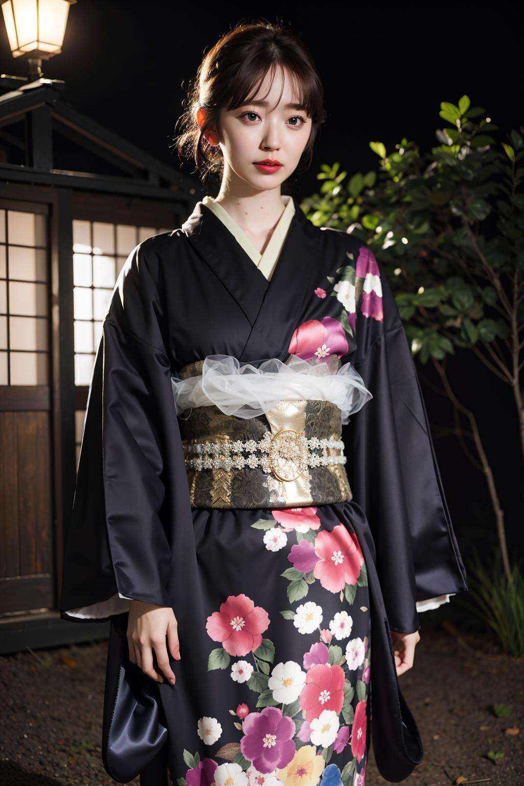 (black kimono:1.2),(japanese clothes:1.2),(floral print),(long sleeves),1 girl,cowboy shot,(short hair),(realistic:1.7),((best quality)),absurdres,(ultra high res),(photorealistic:1.6),photorealistic,octane render,(hyperrealistic:1.2),(photorealistic face:1.2),(8k),(4k),(Masterpiece),(realistic skin texture),(illustration, cinematic lighting,wallpaper),( beautiful eyes:1.2),((((perfect face)))),(cute),(standing),red lips,outdoors,(japanese style countryard),<lora:new_hefu_:0.8:OUTD>, <lora:Suzuki:1:face>