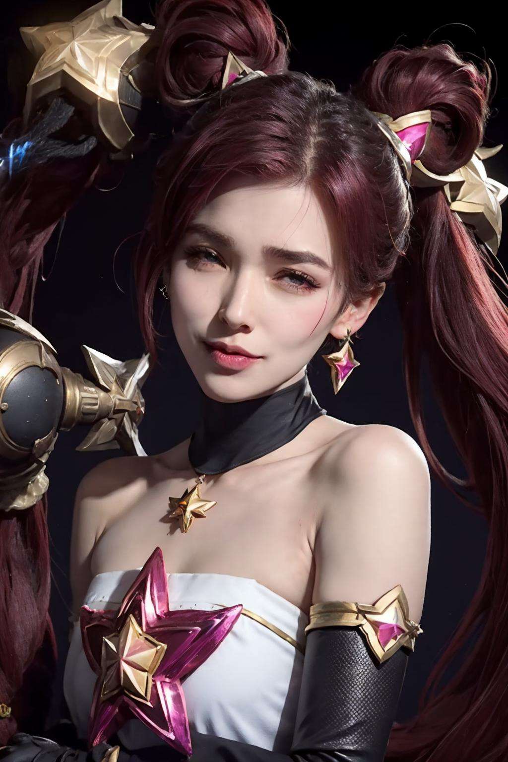 StarGuardianJinx, 1girl, solo, smile, bare shoulders, jewelry, looking at viewer, earrings, star (symbol), upper body, hair ornament, gloves, elbow gloves, (sigma face:1.3),gradient<lora:StarGuardianJinx:1>, <lora:pastel_mix_LoCon_dim16_alpha16:1>,<lora:starGuardianJinxLora星之守护者金克斯:1>  <lora:sigma:1:face>