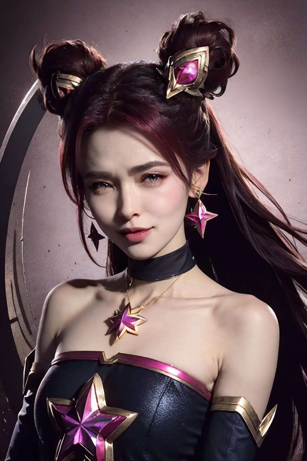 StarGuardianJinx, 1girl, solo, smile, bare shoulders, jewelry, looking at viewer, earrings, star (symbol), upper body, hair ornament, gloves, elbow gloves, (sigma face:1.3),gradient<lora:StarGuardianJinx:1>, <lora:pastel_mix_LoCon_dim16_alpha16:1>,<lora:starGuardianJinxLora星之守护者金克斯:1>  <lora:sigma:1:face>