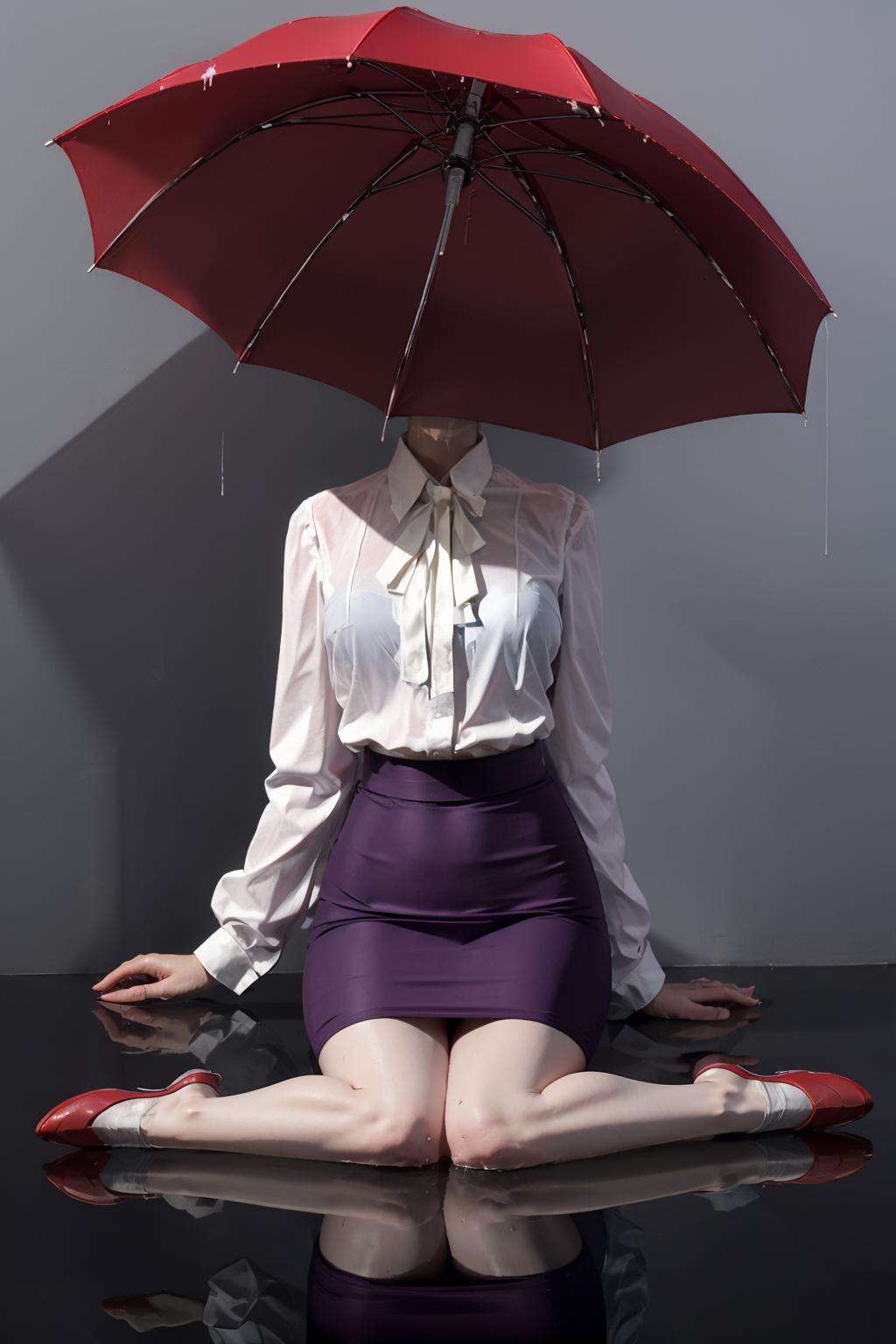 1girl, black_umbrella, high_heels, holding_umbrella, oil-paper_umbrella, parasol, pink_umbrella, rain, red_footwear, red_umbrella, shared_umbrella, sitting, skirt, umbrella, solo, simple_background, shirt, long_sleeves, ribbon, underwear, white_shirt, bra, wet, black_background, wet_clothes, pencil_skirt, reflection, purple_skirt, wet_shirt, puddle, headless, object heads, umbrella as head <lora:ob head:1>