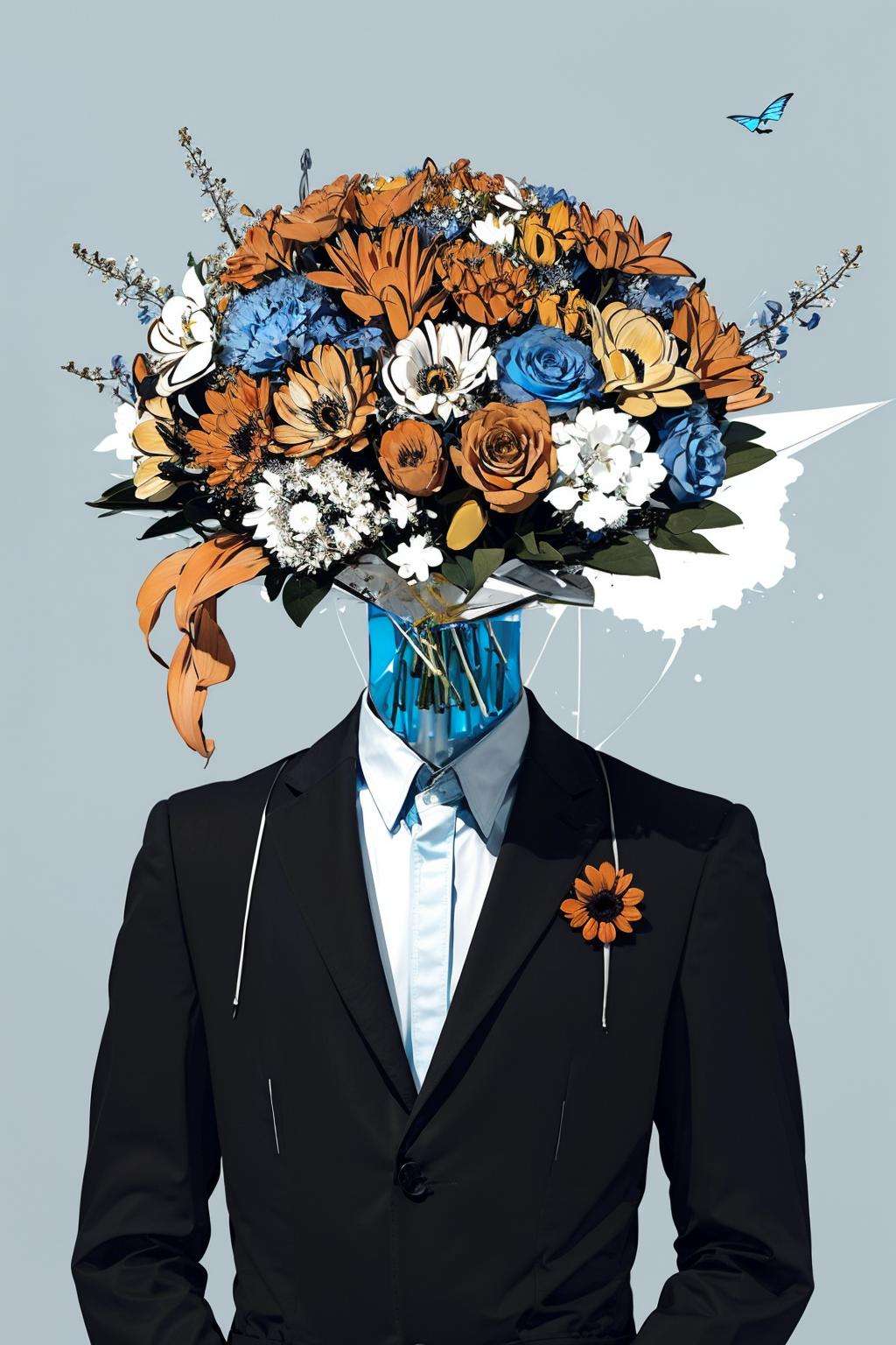 bee, blue_butterfly, bug, butterfly, flower, solo, white_butterfly, yellow_butterfly, simple_background, shirt, 1boy, jacket, monochrome, upper_body, male_focus, collared_shirt, leaf, formal, suit, bouquet, holding_bouquet, orange_flower, object heads,  flower as head <lora:ob head:1>