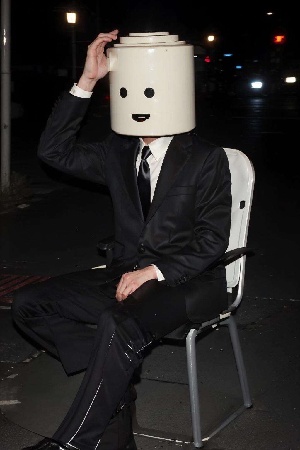 blurry, blurry_background, blurry_foreground, depth_of_field, solo, smile, 1boy, sitting, male_focus, necktie, parody, formal, suit, black_necktie, object_on_head, object heads, lego as head<lora:ob head:1>