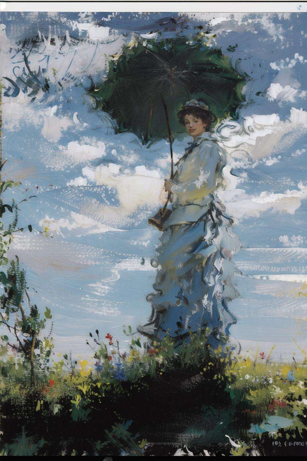 1girl, cloud, dated, day, field, flower, flower_field, grass, holding_umbrella, hydrangea, letterboxed, outdoors, parasol, plant, rain, snail, umbrella, watermark, web_address, short_hair, long_sleeves, 1boy, hat, dress, holding, standing, white_hair, sky, blue_sky, cloudy_sky, impressionist <lora:impress:1>