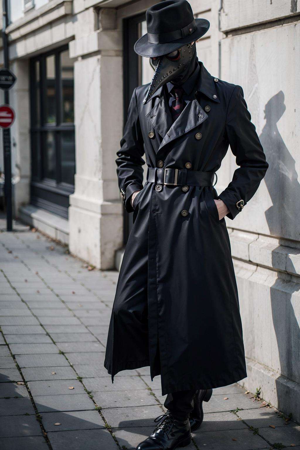 black_coat, black_footwear, black_headwear, boots, buttons, coat, hand_on_hip, hat, simple_background, solo, standing, medieval street, 1boy, full_body, male_focus, belt, mask, facing_viewer, hands_in_pockets, long_coat, fedora, trench_coat, Plaguecore, outfit<lora:Plaguecore:0.7>