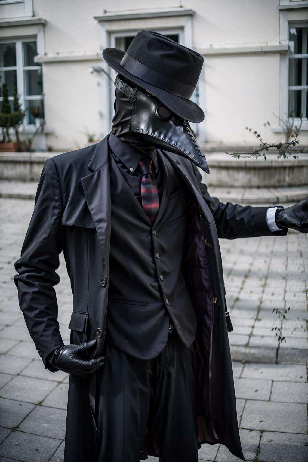 black_headwear, blurry, formal, hat, suit, tiles, solo, shirt, gloves, 1boy, holding, jacket, male_focus, necktie, black_gloves, pants, black_jacket, mask, black_pants, fedora, black_suit, Plaguecore, outfit <lora:Plaguecore:1>