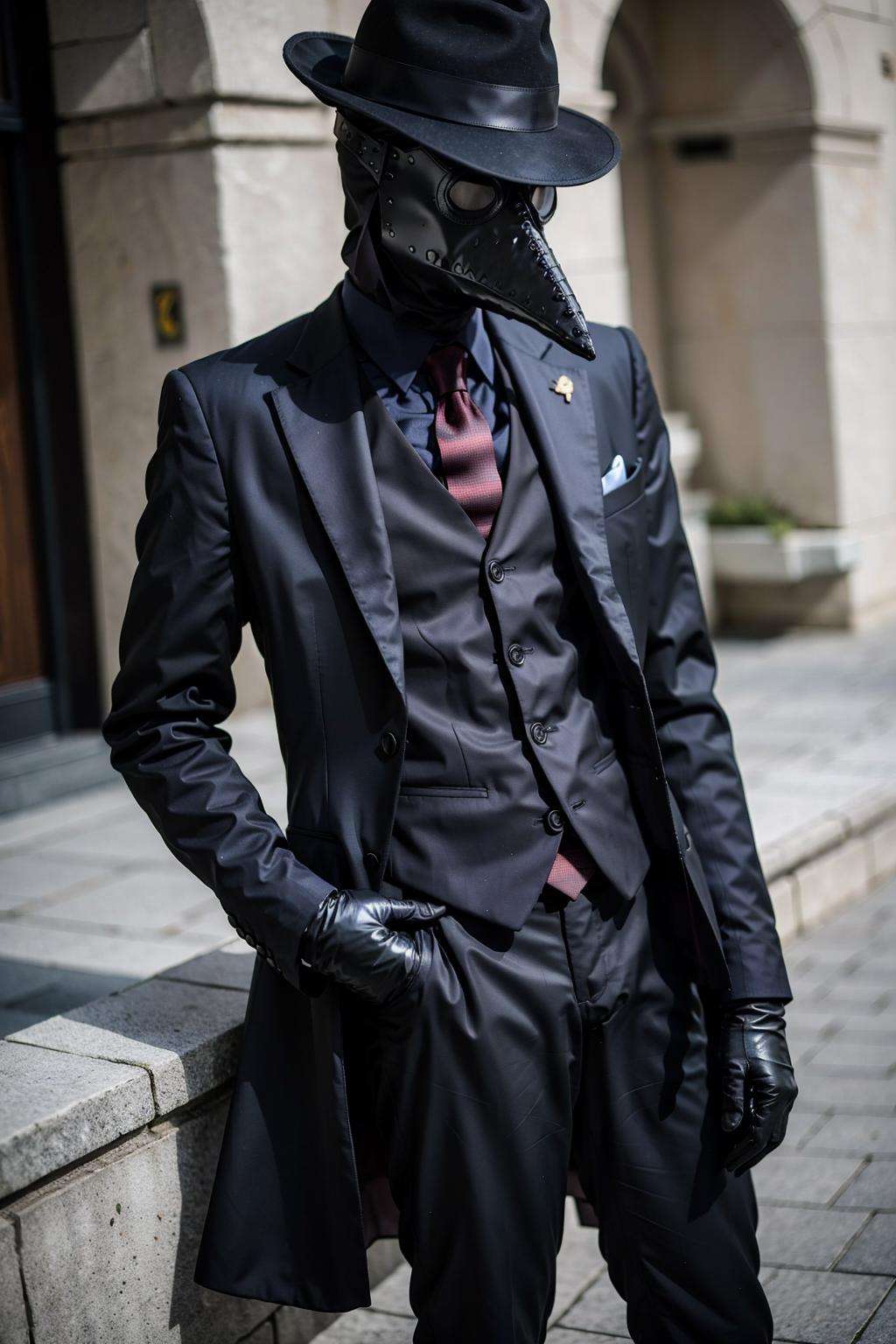 black_headwear, blurry, formal, hat, suit, tiles, solo, shirt, gloves, 1boy, holding, jacket, male_focus, necktie, black_gloves, pants, black_jacket, mask, black_pants, fedora, black_suit, Plaguecore, outfit <lora:Plaguecore:0.7>