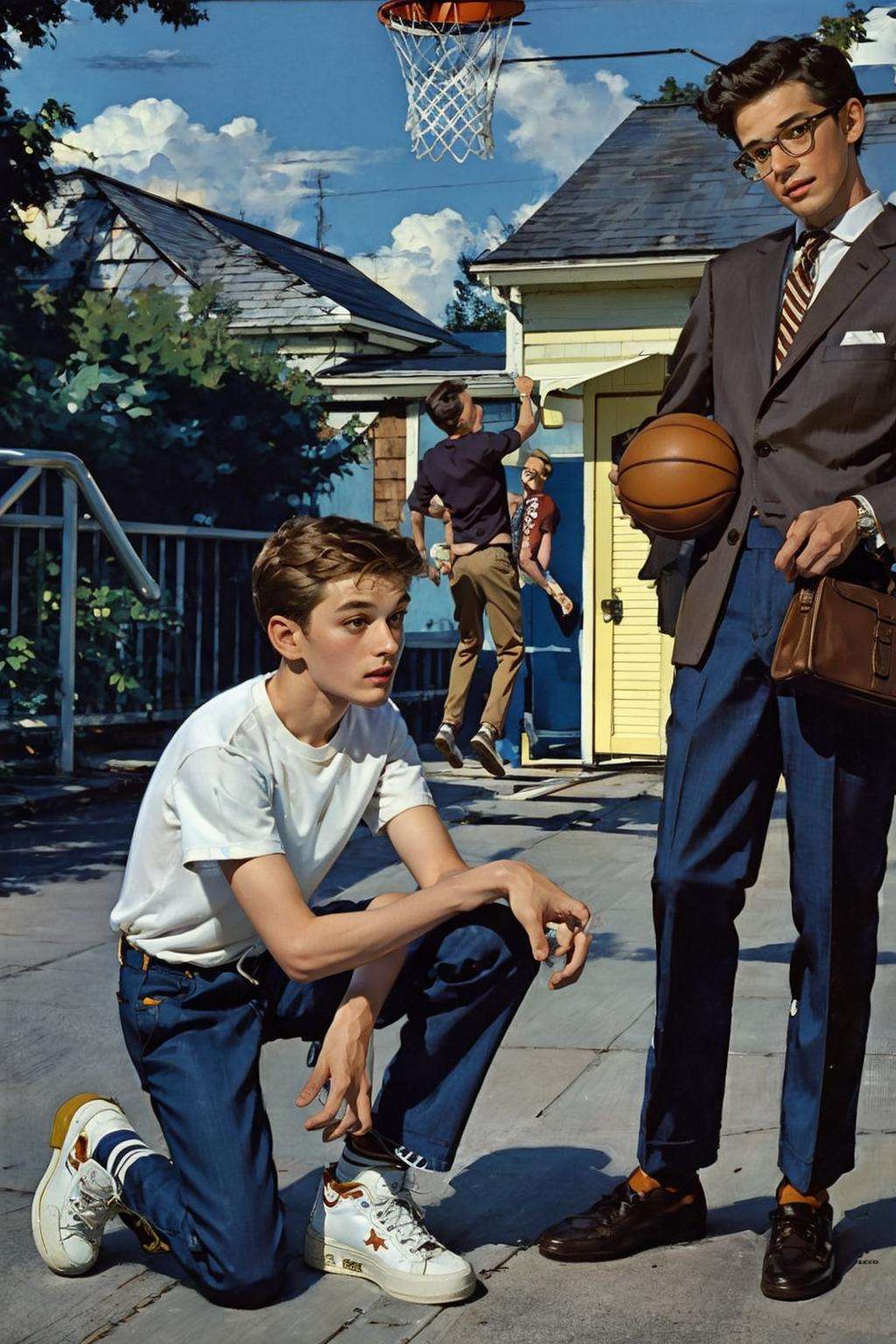 3boys, glasses, multiple_boys, pants, brown_hair, shirt, jacket, male_focus, necktie, shoes, striped, bag, english_text, parody, formal, suit, t-shirt, sneakers, 6+boys, jeans, striped_shirt, basketball, vintage ad style<lora:ad:1>