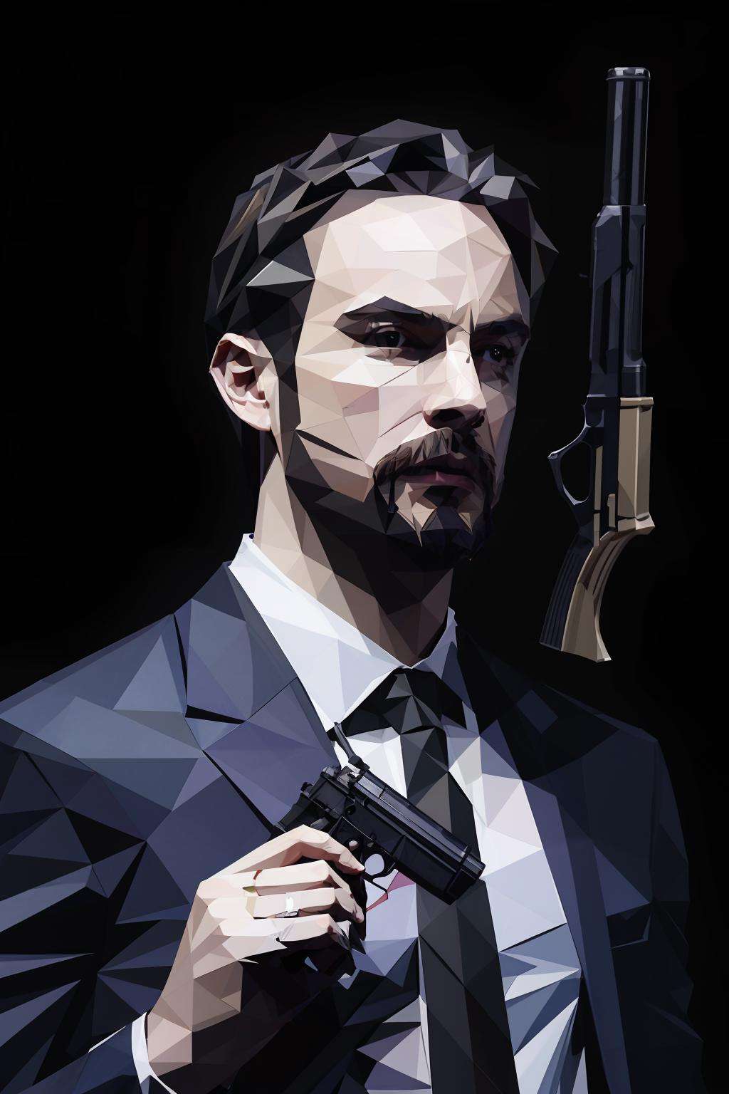 checkered, solo, simple_background, shirt, 1boy, holding, jacket, white_shirt, upper_body, weapon, male_focus, necktie, collared_shirt, holding_weapon, gun, facial_hair, formal, suit, black_background, holding_gun, beard, handgun, smoke, low ploy<lora:low:1>