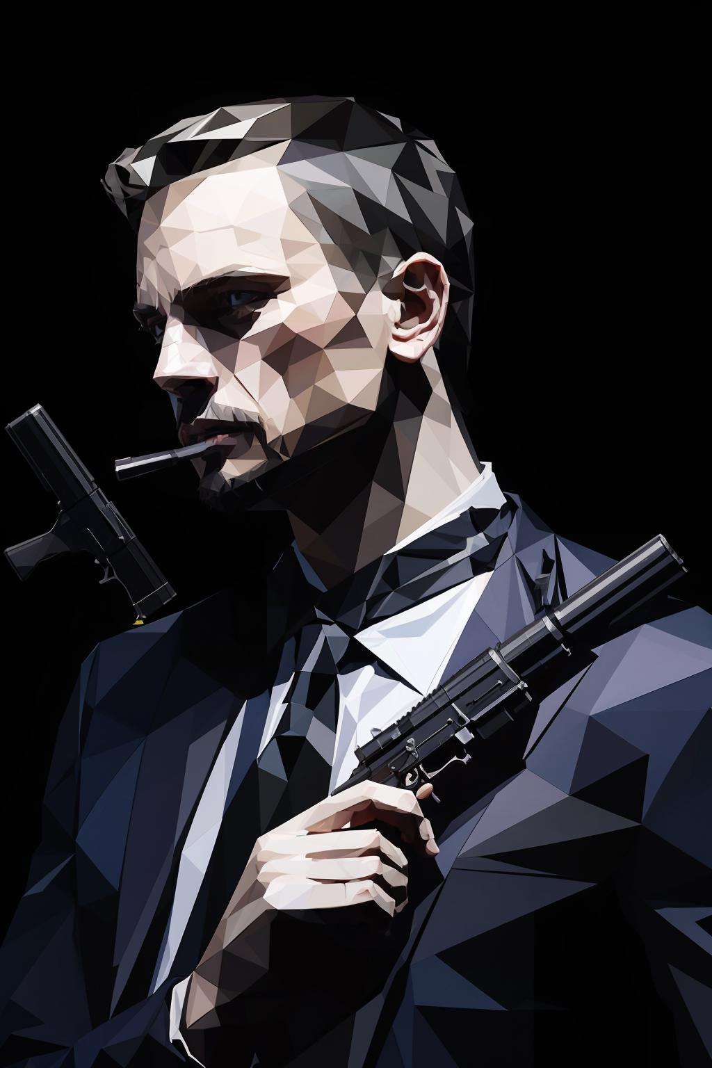 checkered, solo, simple_background, shirt, 1boy, holding, jacket, white_shirt, upper_body, weapon, male_focus, necktie, collared_shirt, holding_weapon, gun, facial_hair, formal, suit, black_background, holding_gun, beard, handgun, smoke, low ploy<lora:low:1>