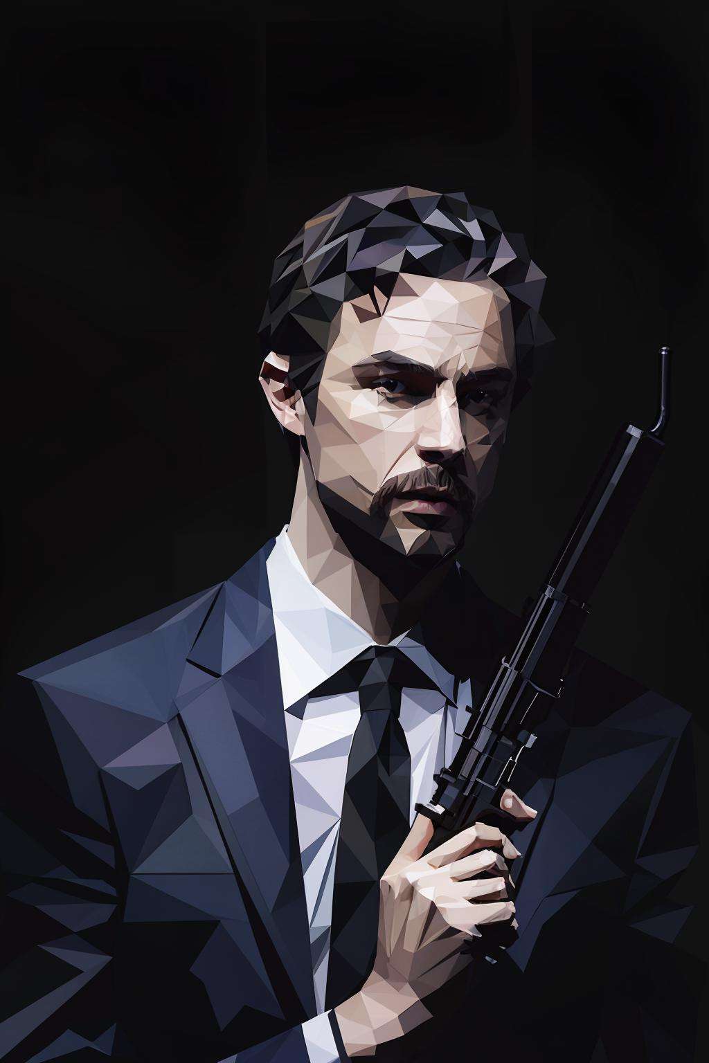 checkered, solo, simple_background, shirt, 1boy, holding, jacket, white_shirt, upper_body, weapon, male_focus, necktie, collared_shirt, holding_weapon, facial_hair, formal, suit, black_background, holding_gun, beard, handgun, smoke, low ploy<lora:low:1>