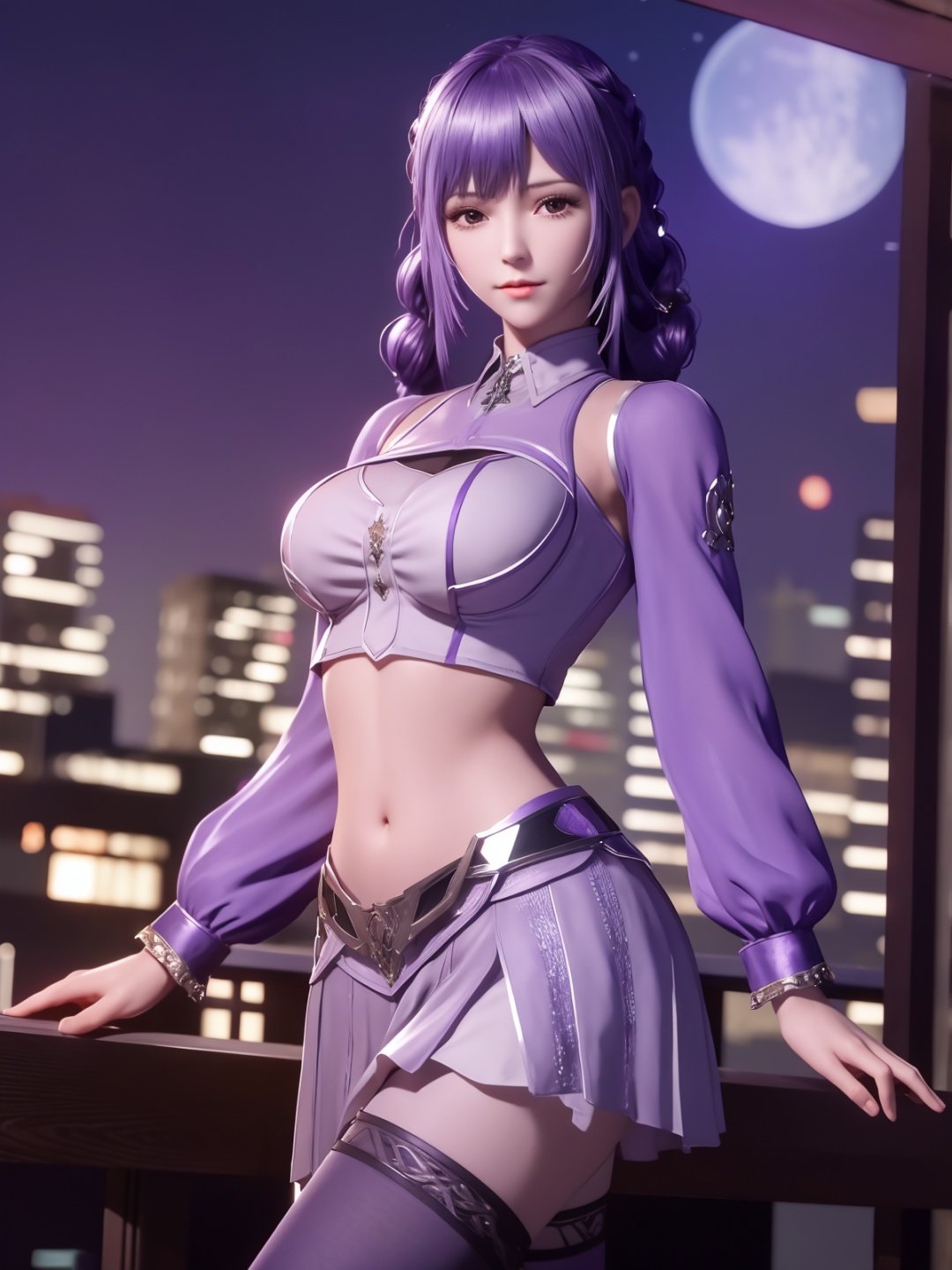 <lora:dldlllBAICHenxiang_20230726115615:0.75>,1girl,low twintails, mature female, looking at viewer, cityscape, night, cowboy shot, navel,crop top, long sleeves, skirt,braid, pantyhose, metal trim,purple hair, shiny hair, midriff, 