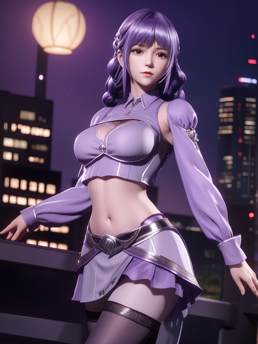 <lora:dldlllBAICHenxiang_20230726115615:0.75>,1girl,low twintails, mature female, looking at viewer, cityscape, night, cowboy shot, navel,crop top, long sleeves, skirt,braid, pantyhose, metal trim,purple hair, shiny hair, midriff, 