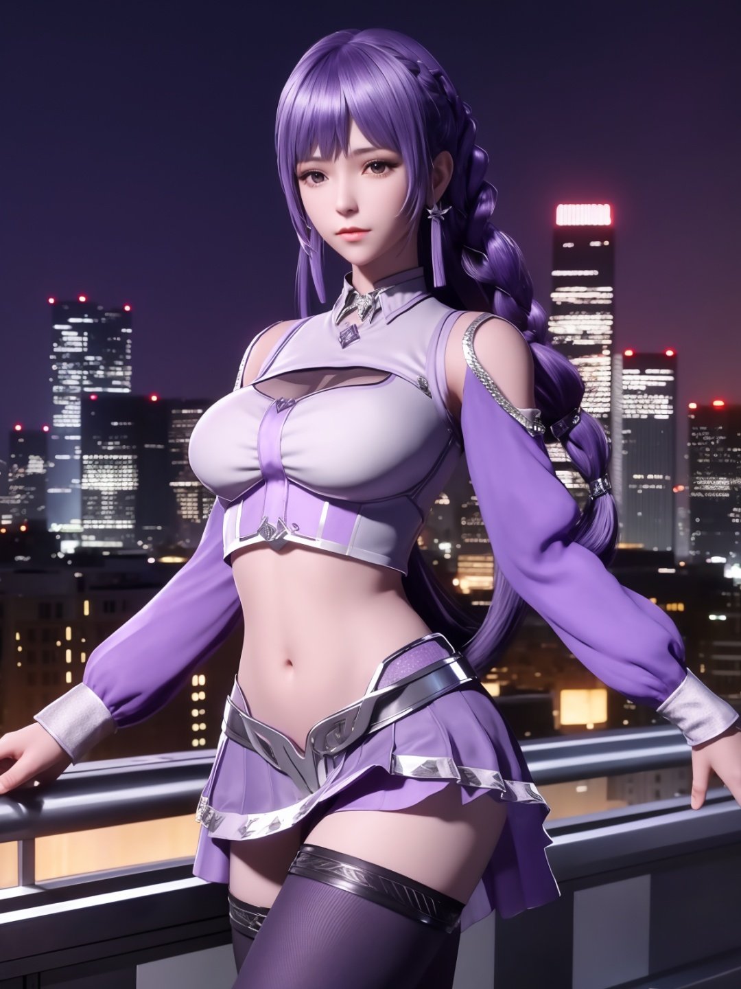 <lora:dldlllBAICHenxiang_20230726115615:0.75>,1girl,low twintails, mature female, looking at viewer, cityscape, night, cowboy shot, navel,crop top, long sleeves, skirt,braid, pantyhose, metal trim,purple hair, shiny hair, midriff, 