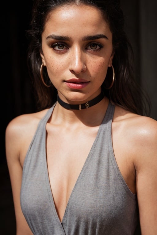 Take a closeup photo of a woman , wearing a tank top and a stylish collar or choker accessory, showcasing her freckles and a small, intriguing tattoo on her arm. The woman should have a slight smirk on her face, and her detailed face, especially her detailed nose, should be the focal point of the image. Use the rule of thirds composition to frame her face beautifully, and enhance the photo with dramatic lighting to add depth and intensity. Place the woman against an intricate background that complements her personality and adds to the overall story of the photograph.",skp