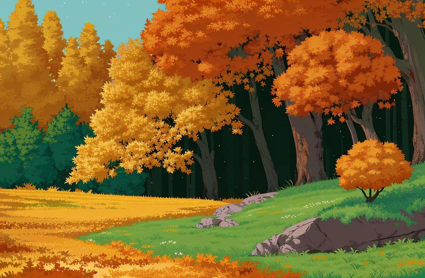 <lora:pixel worldv2:0.8>,pixel world,nature, forest, autumn,  yellow leaf